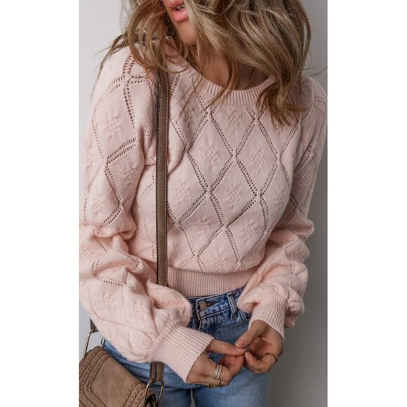 Sweaters - Gossamer Pink Openwork Plaid Puff Sleeve Cropped Sweater